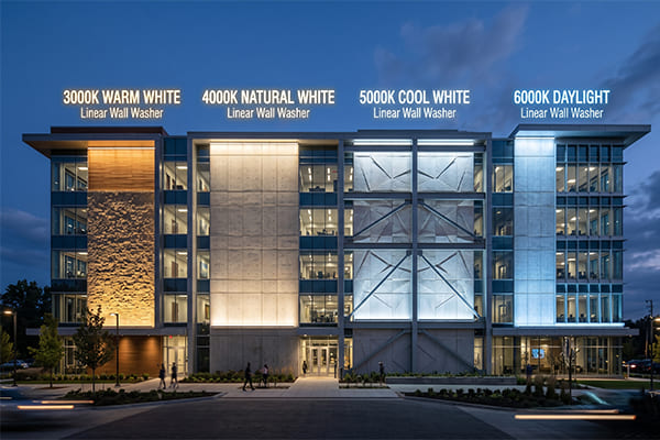 Different color temperatures displayed on a building